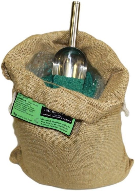 Large rustic hessian sack filled with aromatherapy bath salts infused with essential oils.