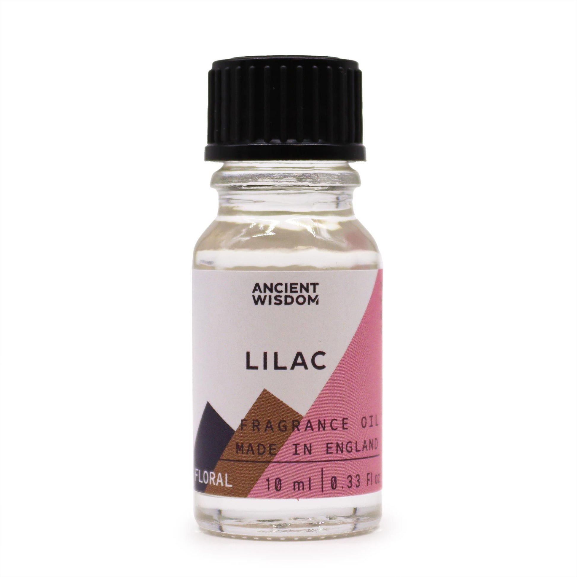 Small amber glass bottle of lilac fragrance oil with a white dropper cap on a neutral background.