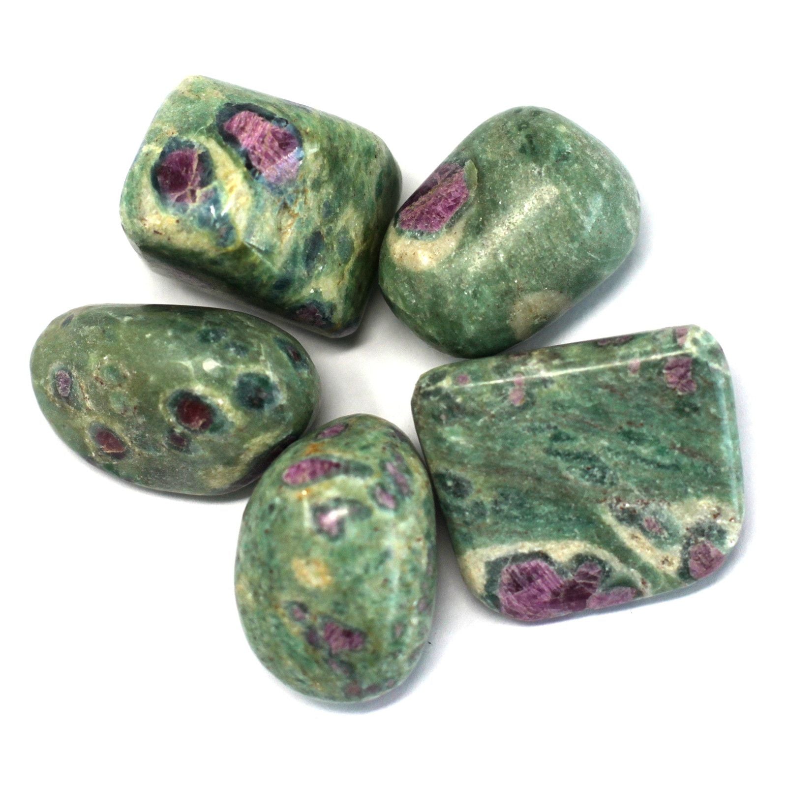 Smooth polished green Fuchsite tumble stone with distinct deep red Ruby inclusions and a high-shine finish.
