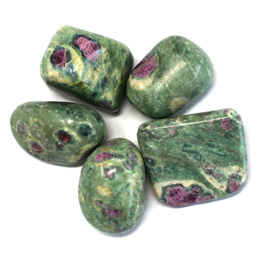 Smooth polished green Fuchsite tumble stone with distinct deep red Ruby inclusions and a high-shine finish.