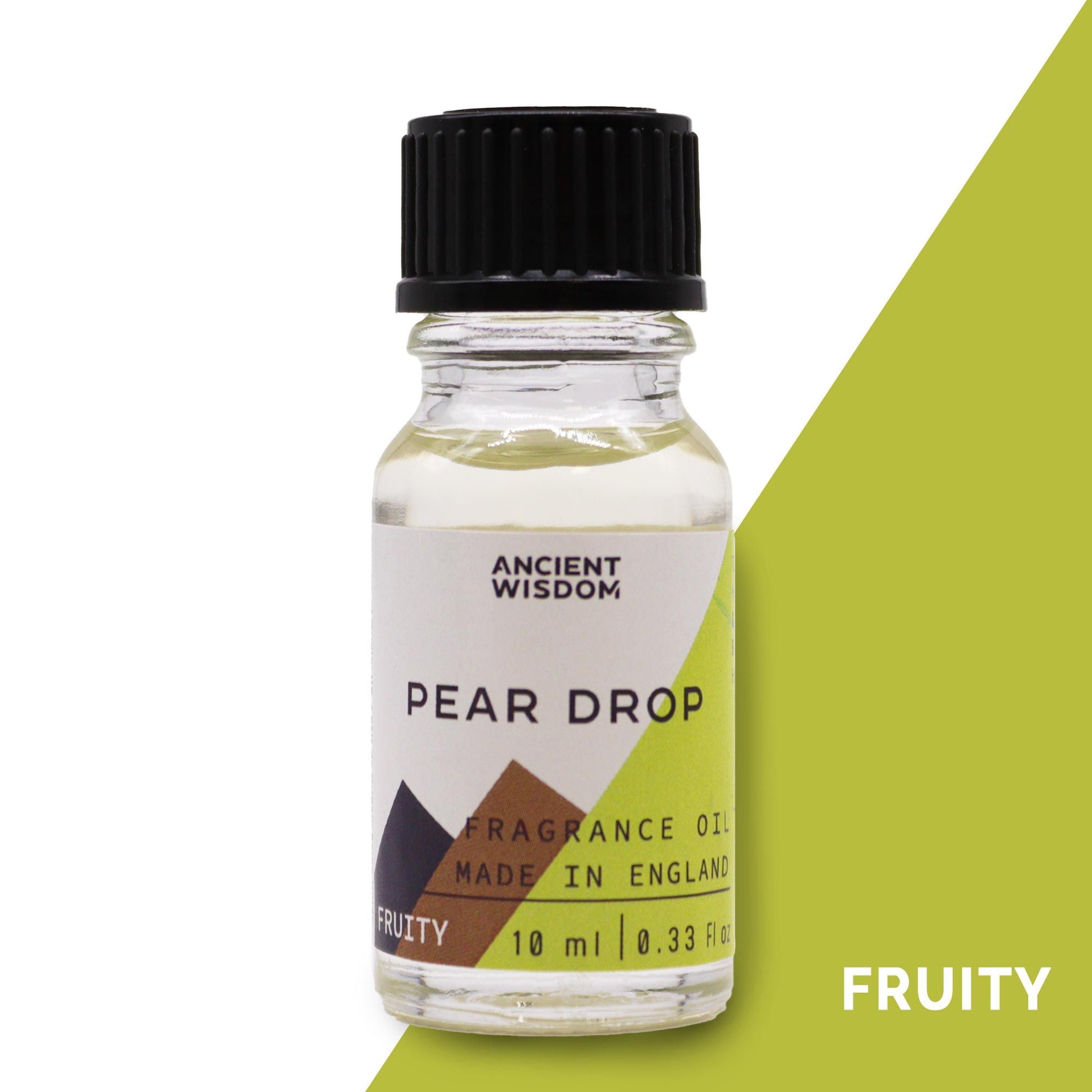 A small amber glass bottle of pear drop fragrance oil with a black dropper cap on a neutral background.