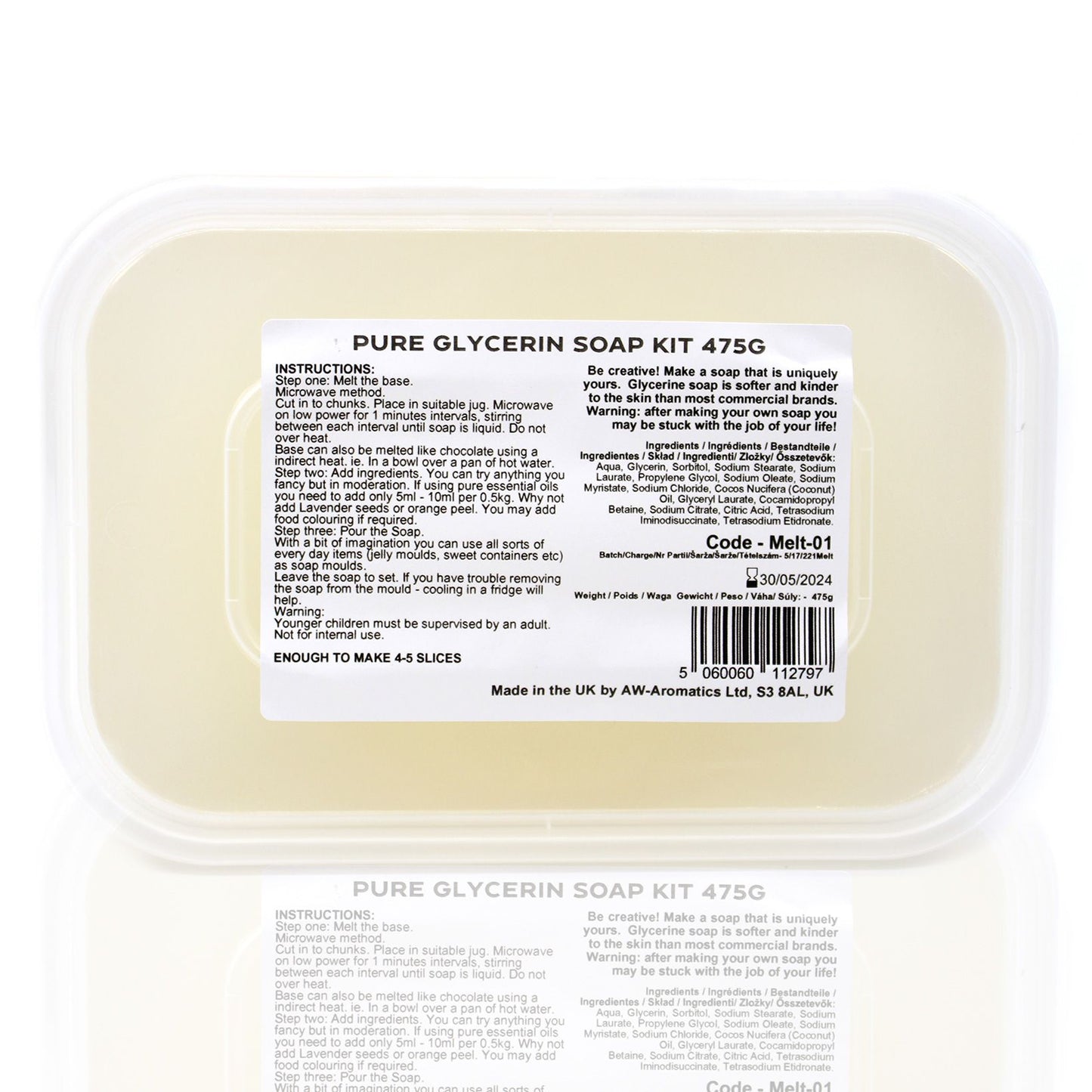 A complete DIY soap making kit featuring a 475g block of melt and pour soap base with creative accessories.