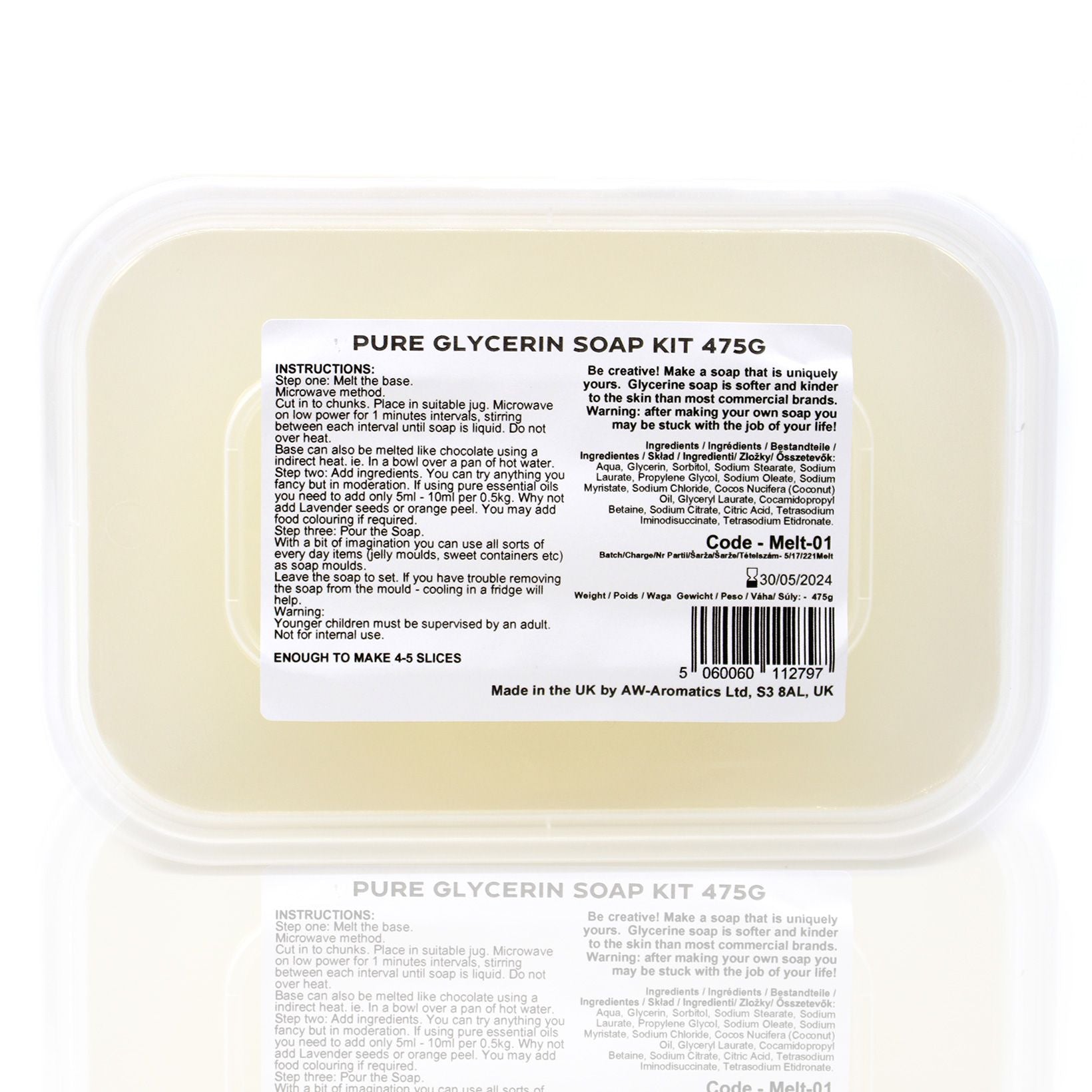 A complete DIY soap making kit featuring a 475g block of melt and pour soap base with creative accessories.