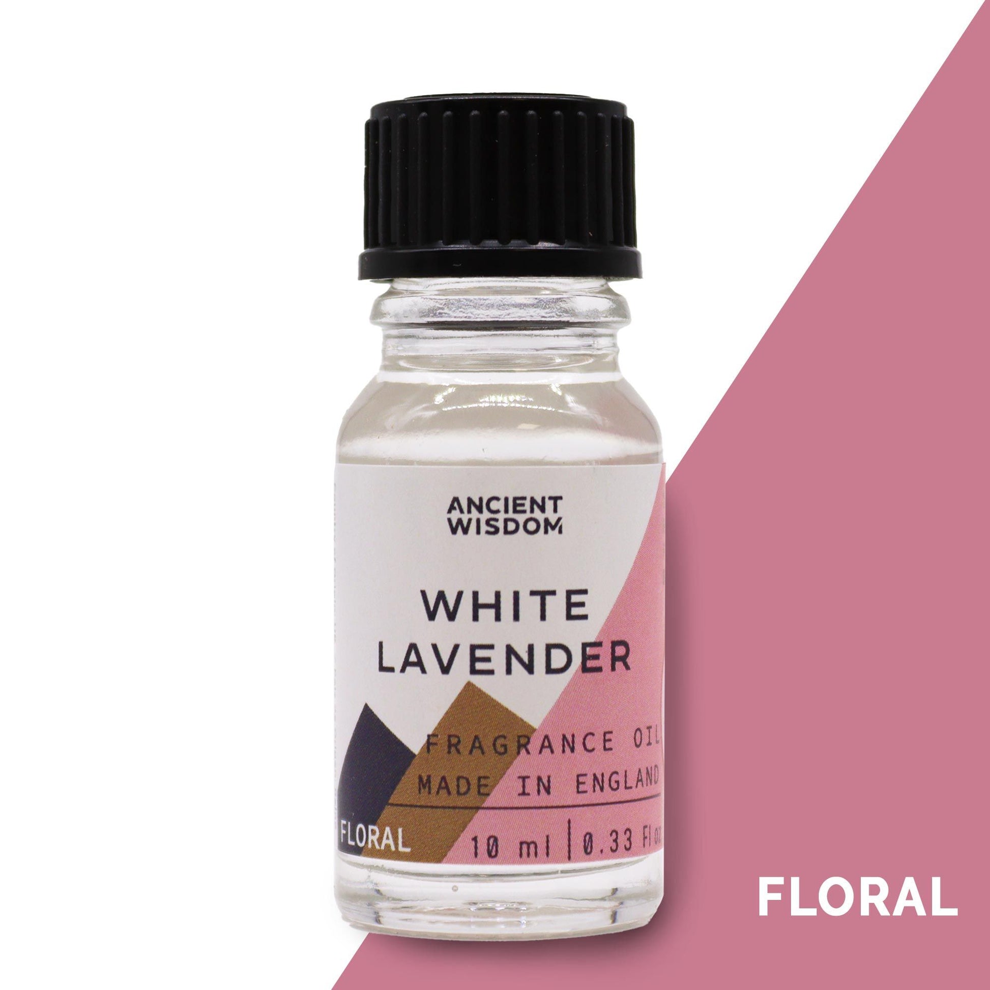 Small 10ml amber glass bottle of white lavender fragrance oil with a black dropper cap on a neutral background.