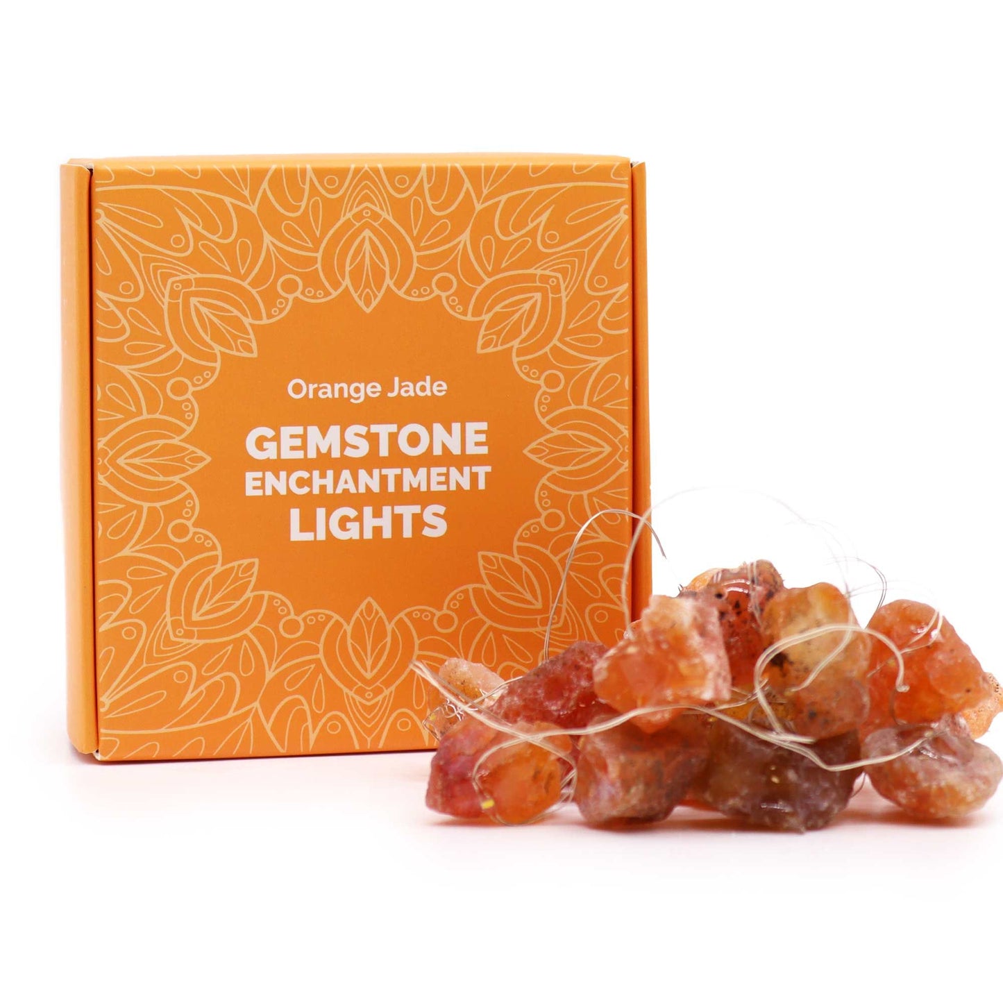 String of 20 radiant orange jade gemstone LED lights providing a warm, inviting glow for indoor decor.