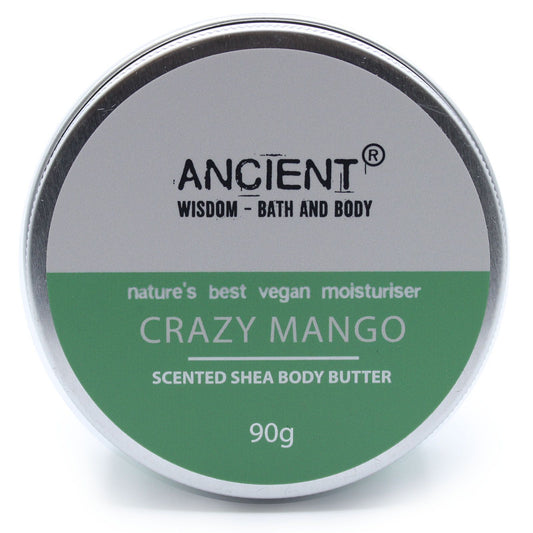 A 90g tin of creamy yellow shea body butter with a smooth texture and vibrant mango scent.