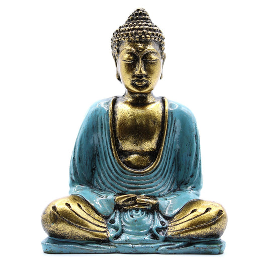 Hand-painted medium resin Buddha statue in teal and gold featuring the symbolic Dhyana meditation pose.