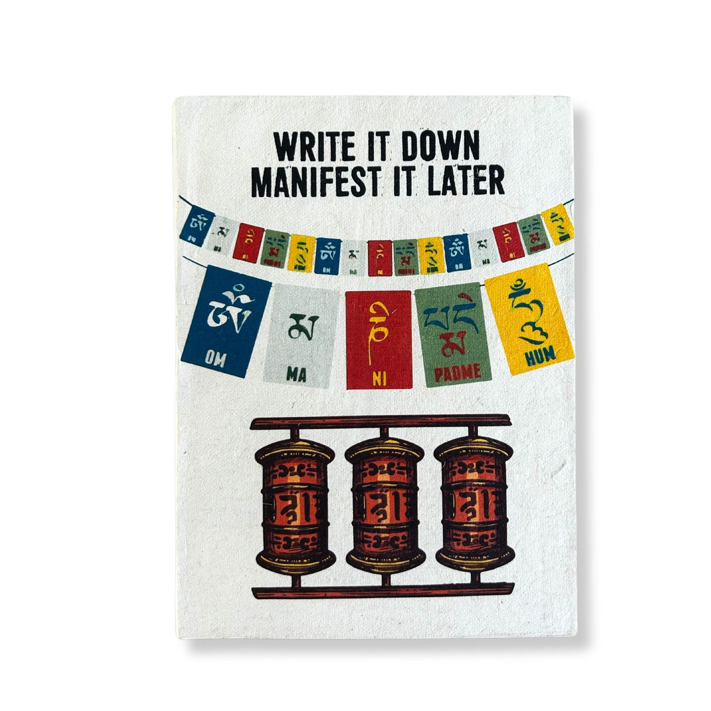 Large handmade Lokta paper notebook with a vibrant prayer flag cover design and a matching bookmark.