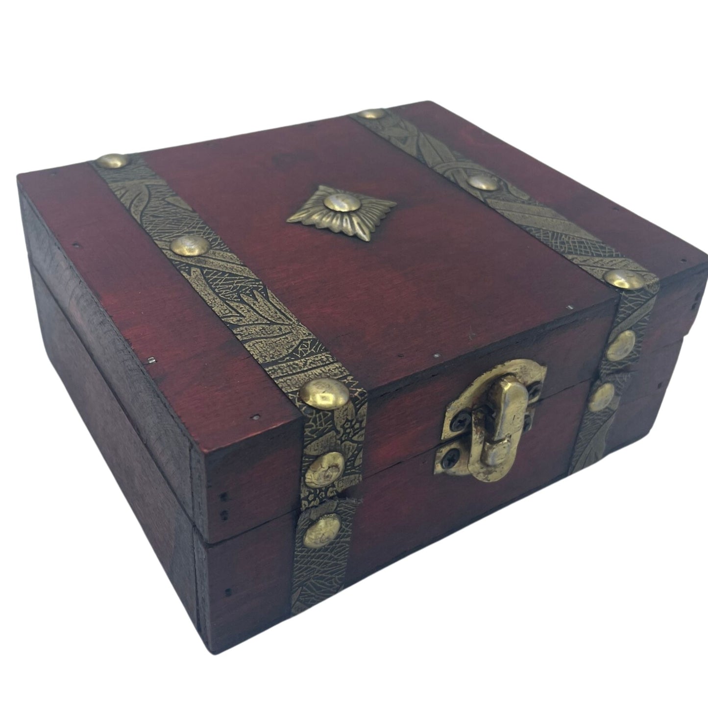 Vintage style square wooden tea chest in a warm tan finish with a secure metal latch.