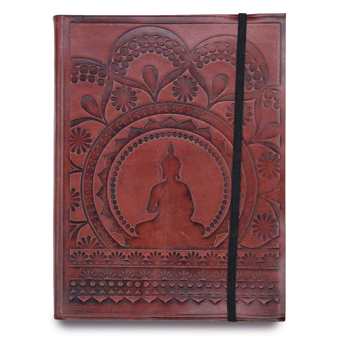 Medium brown vegetable leather notebook with an embossed Tibetan Mandala design and a matching security strap.