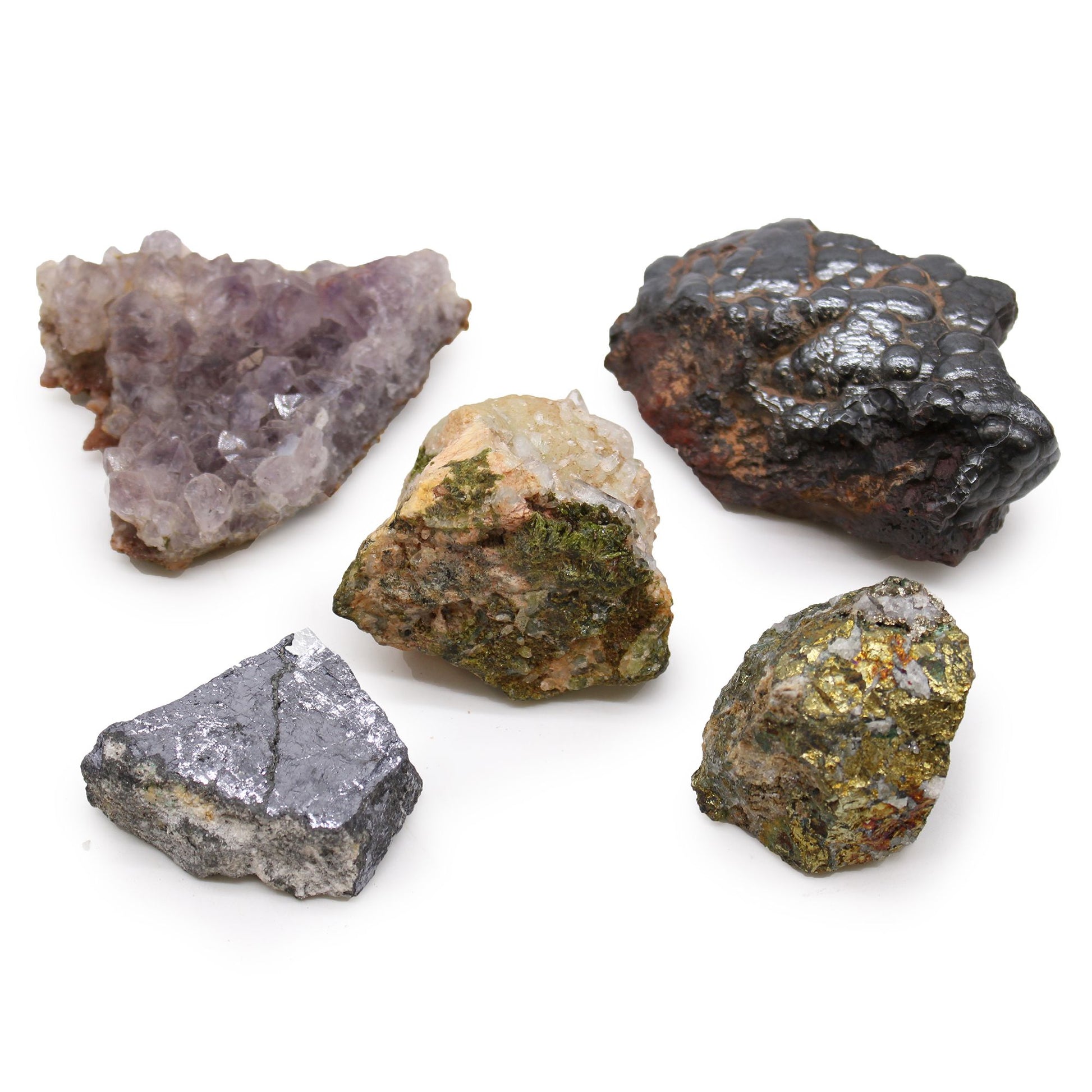 Collection of five unique raw mineral and crystal specimens in various shapes and natural earthy colours.