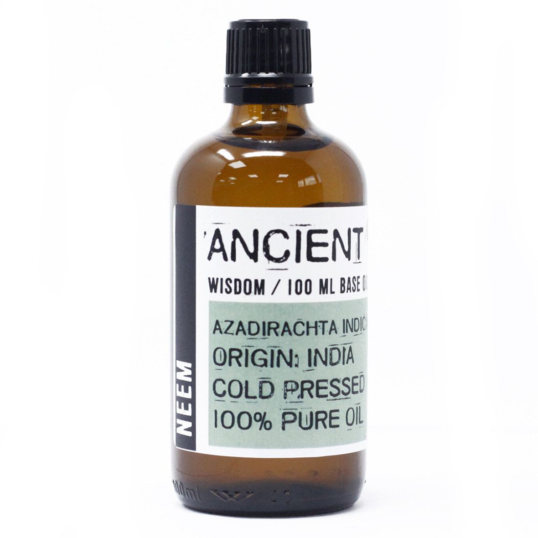 Clear amber glass bottle of pure neem oil with a minimalist label on a neutral background.