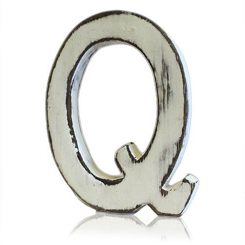 Handmade white-wash mango wood alphabet letter Q with a rustic shabby chic finish.