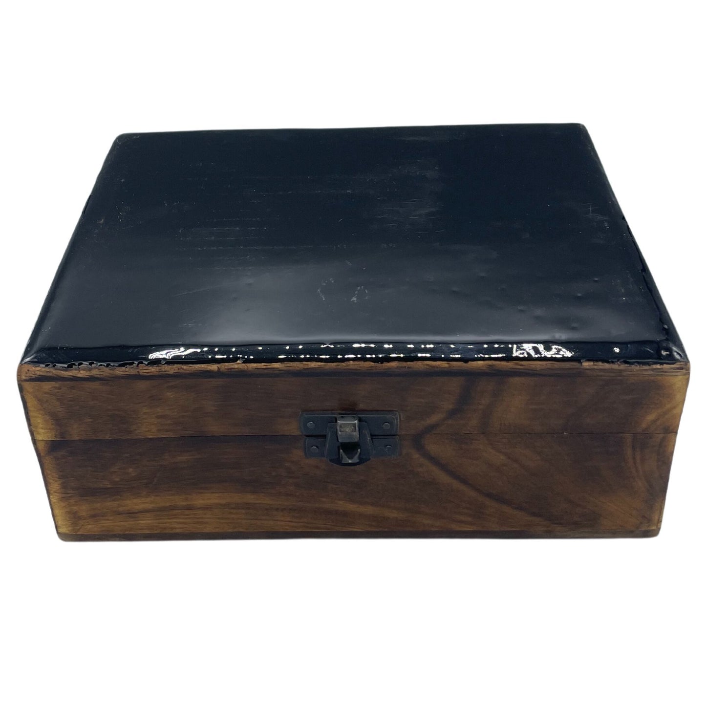 Sleek large rectangular black wooden storage box with a glossy ceramic glazed lid and natural wood base.