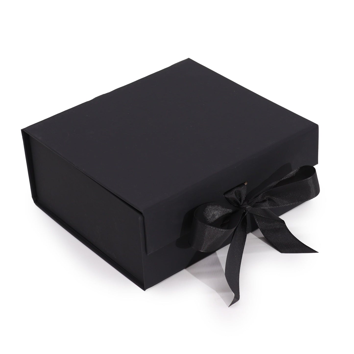 Sleek matte black medium square flat pack gift box shown assembled on a neutral background.
