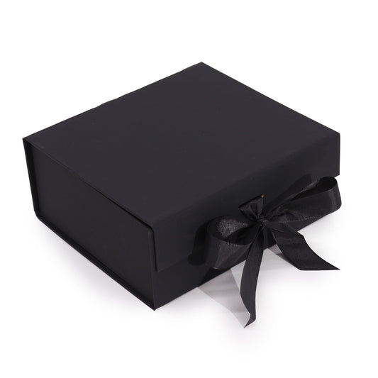Sleek matte black medium square flat pack gift box shown assembled on a neutral background.