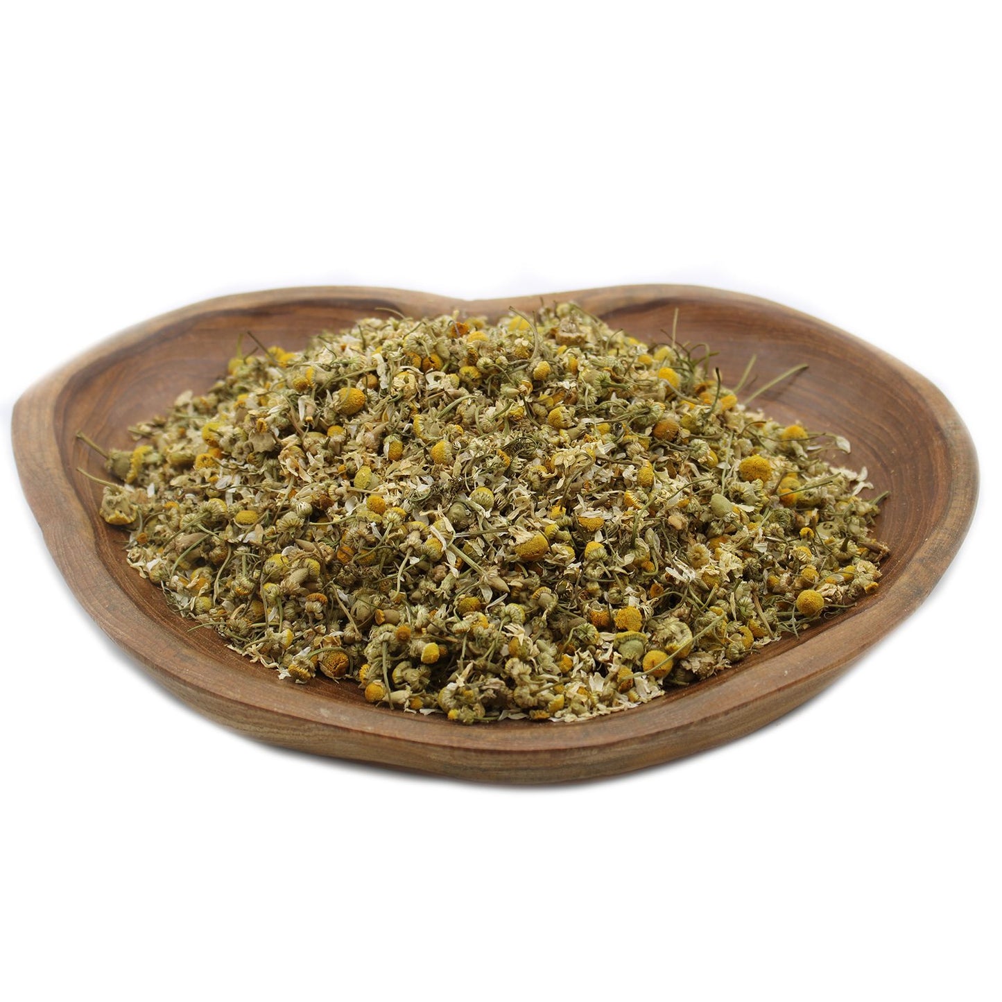 Large quantity of dried chamomile flower heads showing delicate yellow centres and off-white petals.
