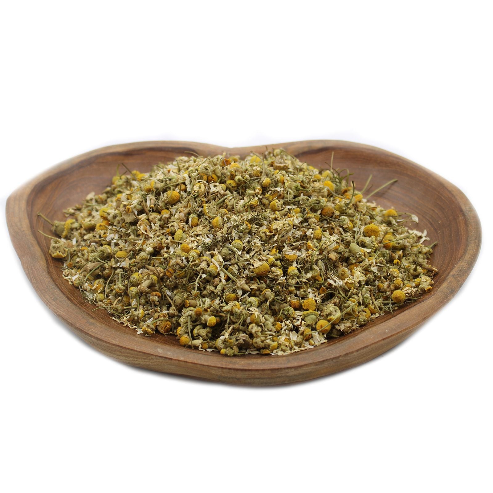 Large quantity of dried chamomile flower heads showing delicate yellow centres and off-white petals.
