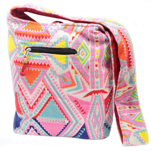 Large vibrant sunrise-coloured woven tote bag with a spacious interior and stylish artisanal design.