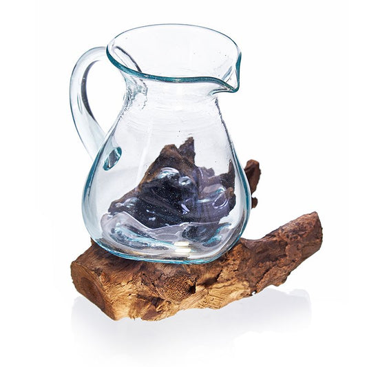 Handmade recycled glass jug uniquely shaped and melted over a natural wood base for a rustic organic look.