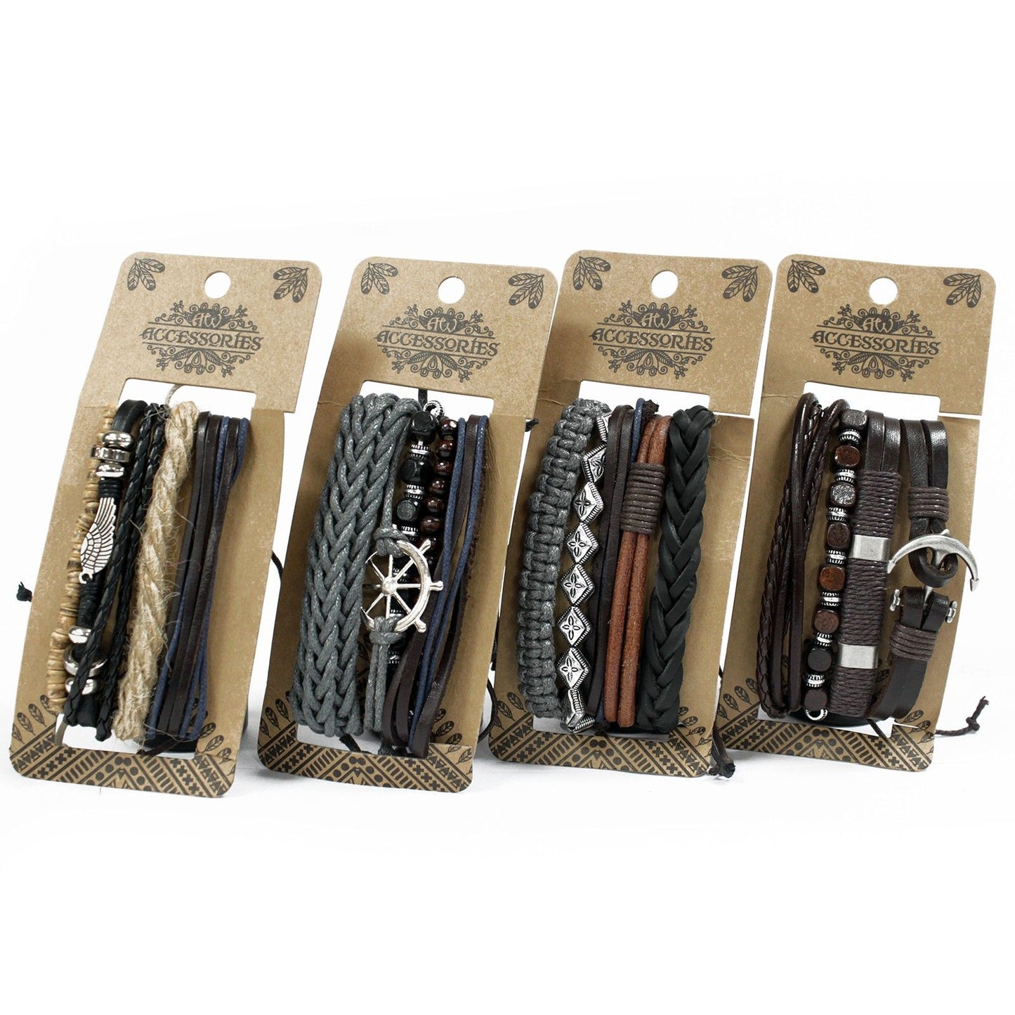 Assorted men's bracelets featuring braided leather straps and metallic charms with adjustable cord closures.