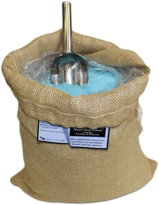 Large rustic hessian sack filled with calming aromatherapy bath salts and botanical ingredients.
