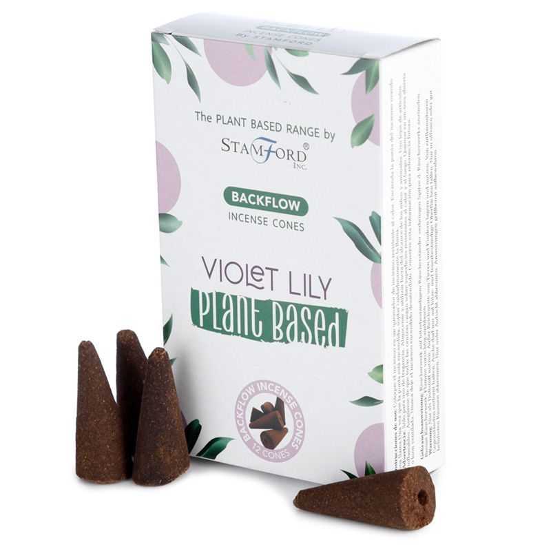 Purple plant-based backflow incense cones scented with violet and lilly, designed for cascading smoke burners.