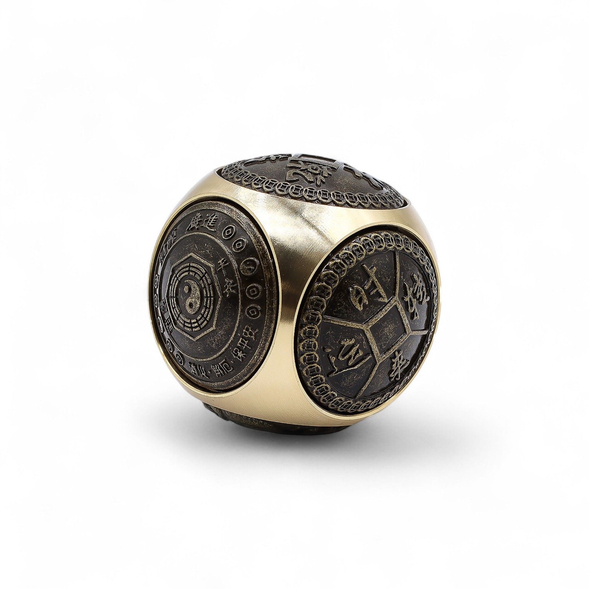 Large rounded wealth dice with decorative Chinese coin and Yin-Yang symbols on a smooth spinning base.