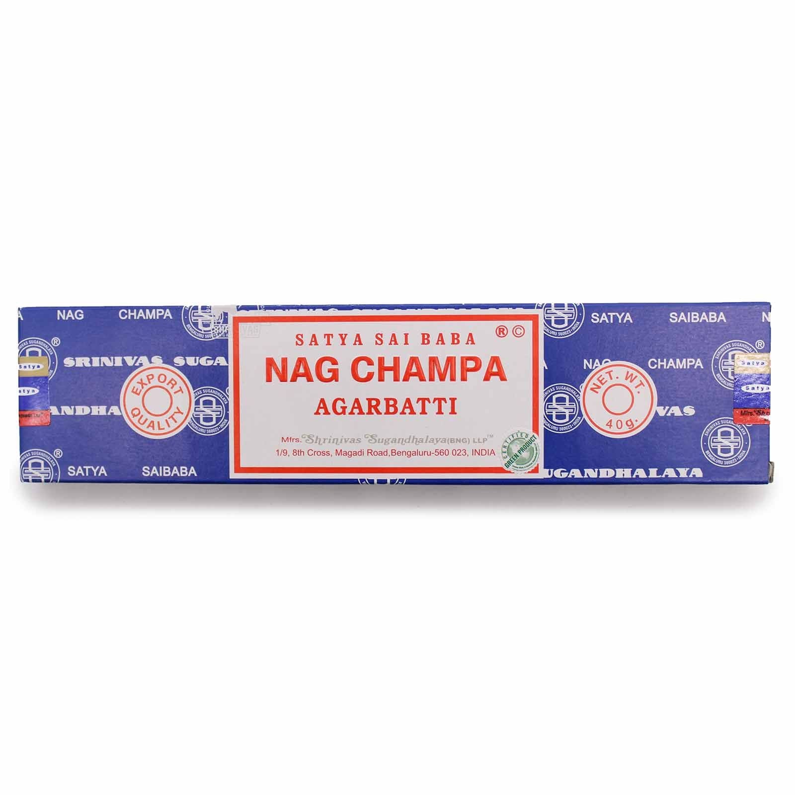 Box of Nag Champa incense sticks featuring the classic blue and white packaging design.