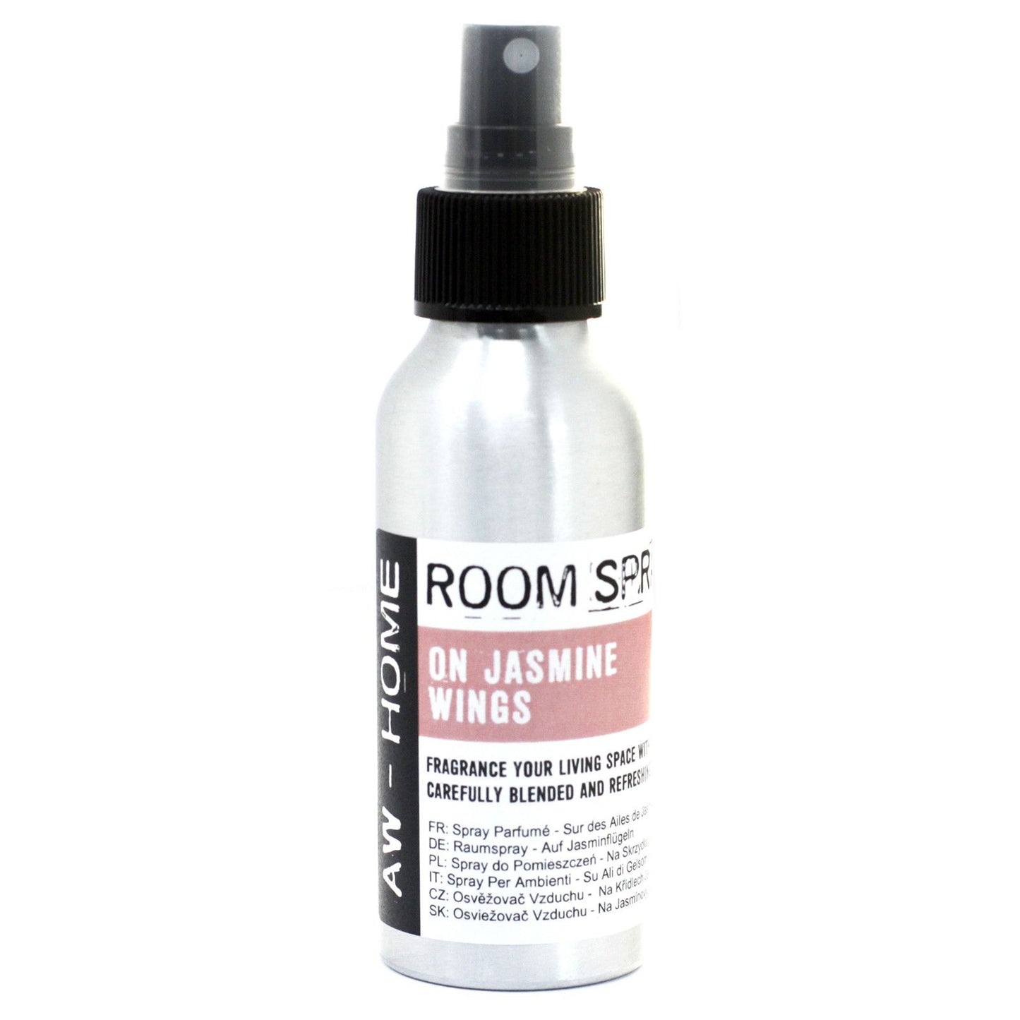 Sleek 100ml aluminium bottle of room spray with a minimalist label featuring the scent name On Jasmine Wings.