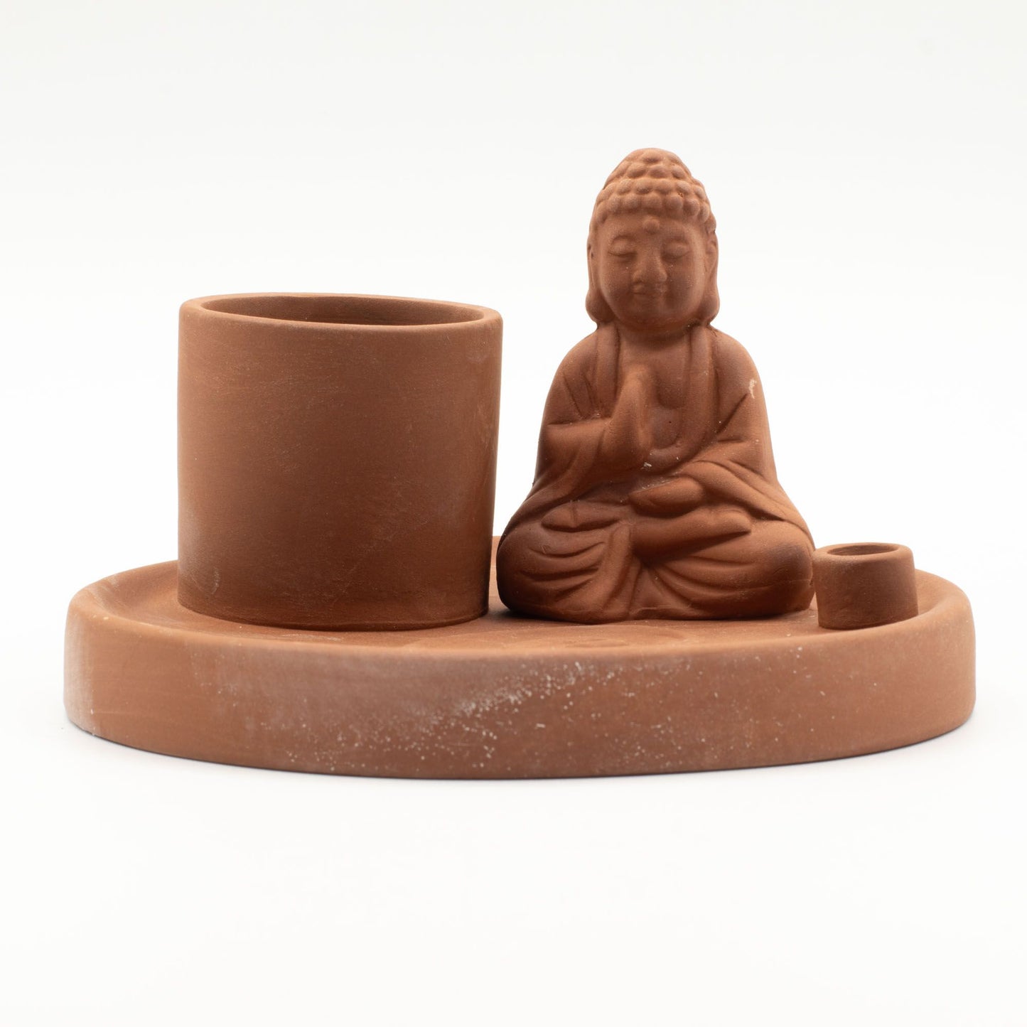 Terracotta style red ceramic incense plate featuring a serene seated Buddha figure for meditation and home ritual.