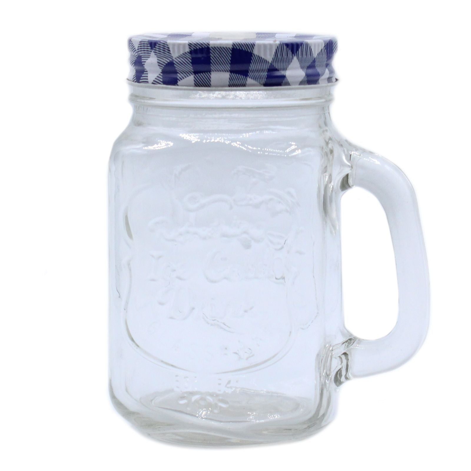 Clear glass mason jar with a handle and embossed Ice Cold text, perfect for serving refreshing cold summer drinks.