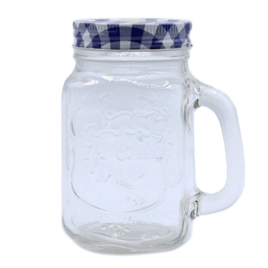 Clear glass mason jar with a handle and embossed Ice Cold text, perfect for serving refreshing cold summer drinks.