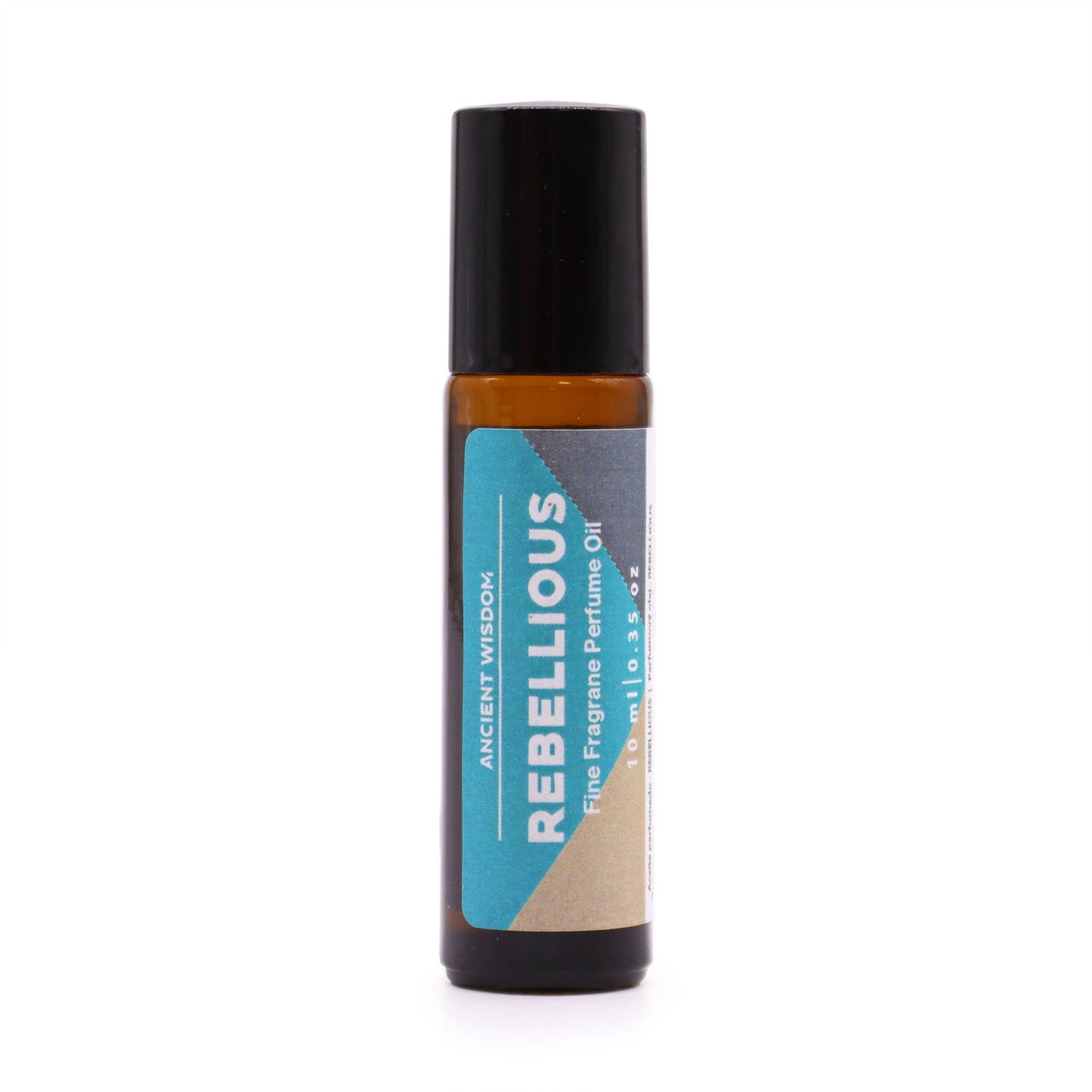 Small 10ml glass perfume oil roll-on bottle with a black cap and elegant labelling.