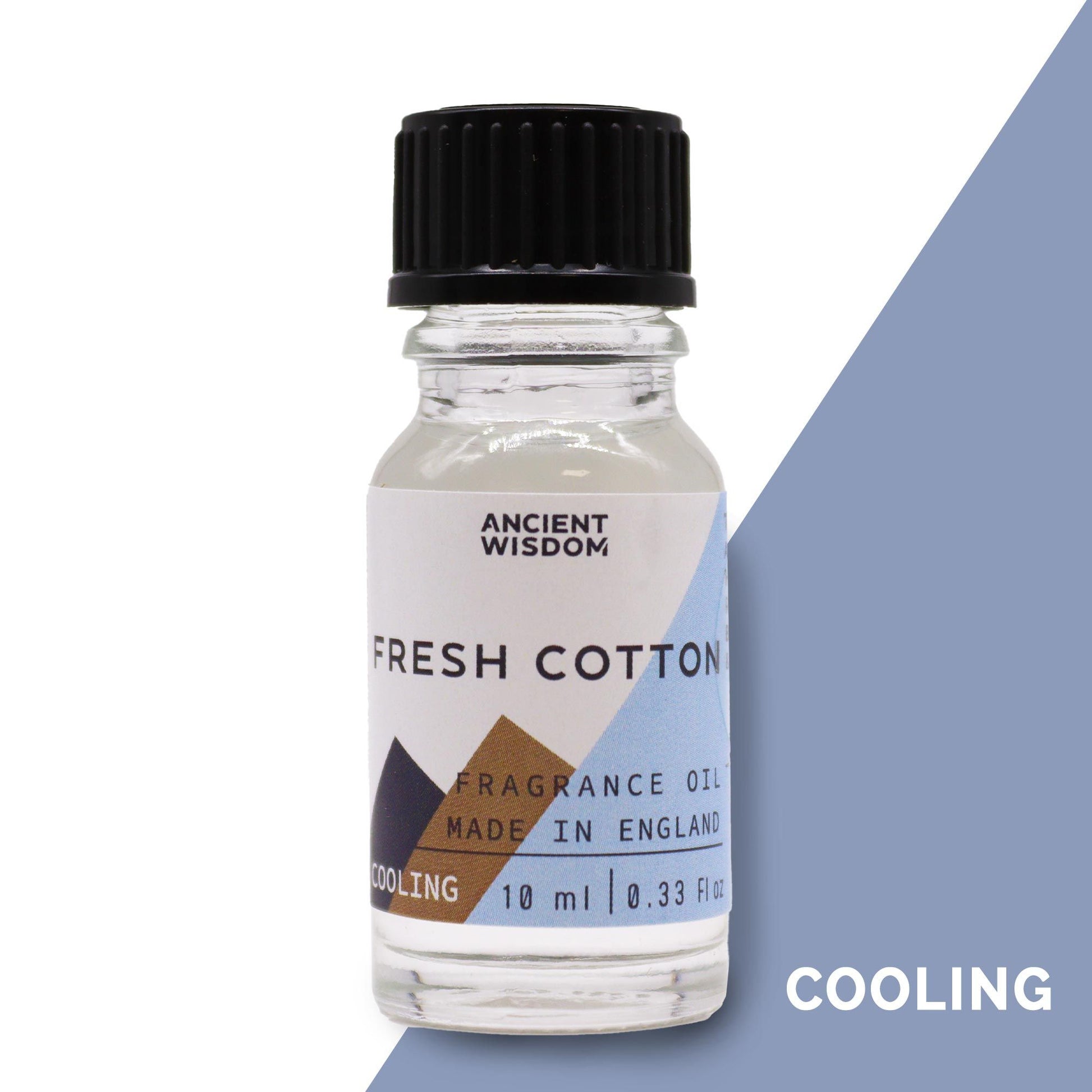 A small amber glass bottle of fresh cotton fragrance oil with a white dropper cap and minimalist label.