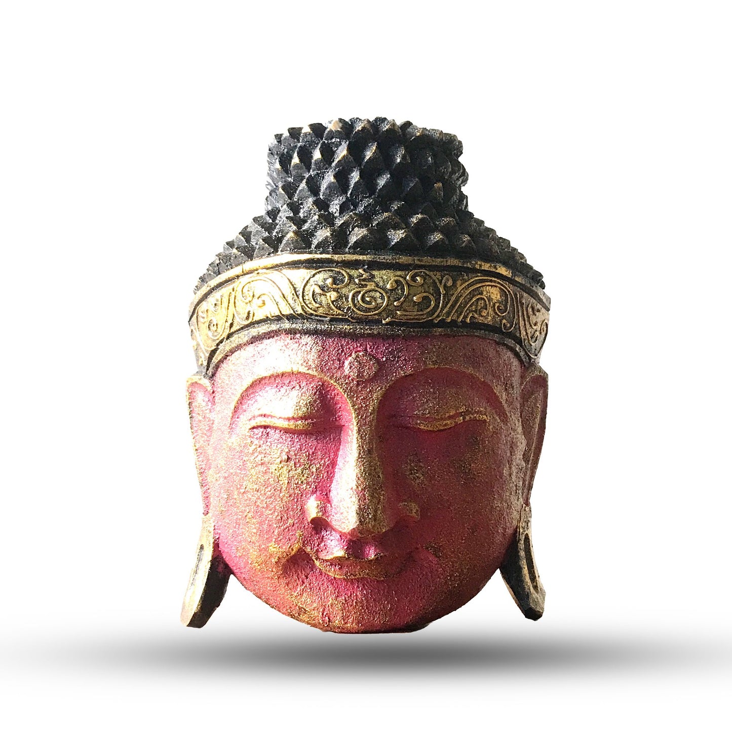 Hand-crafted Indonesian albasia wood Buddha head statue with a striking glossy red shine finish and serene expression.