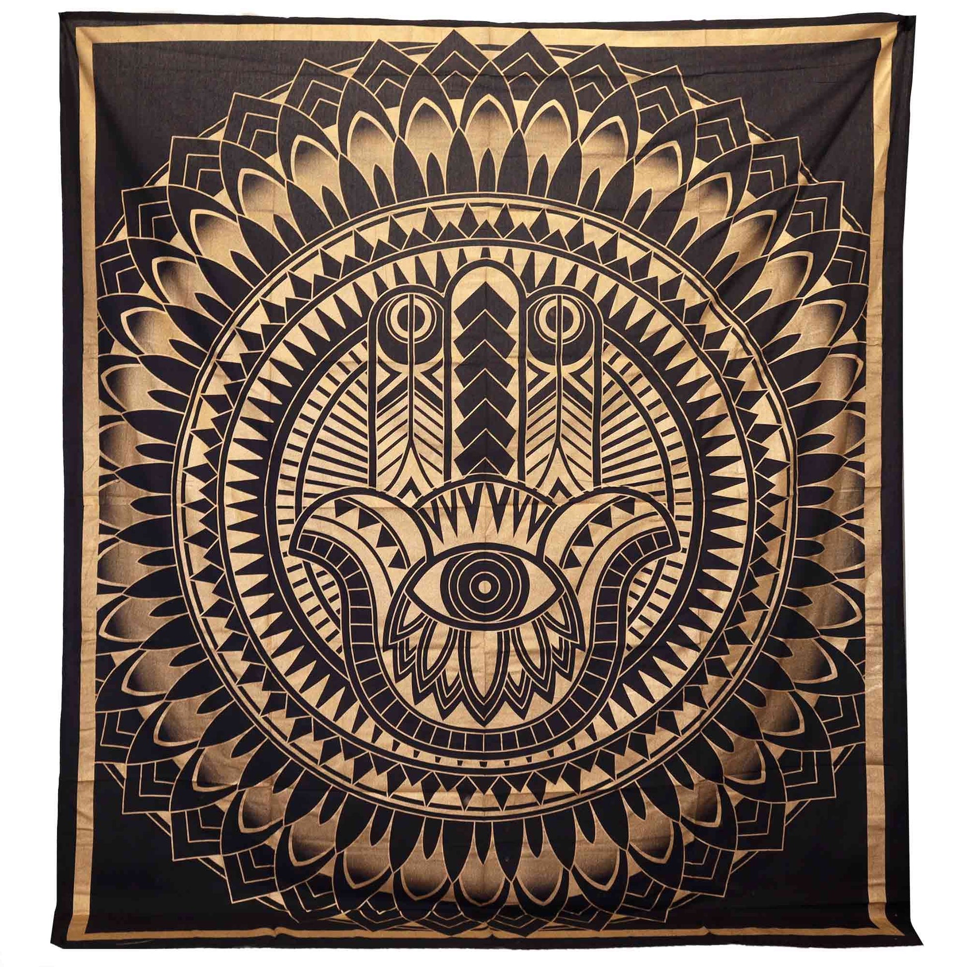 Double cotton bedspread and wall hanging featuring a large Hamsa hand design in striking black and gold colours.