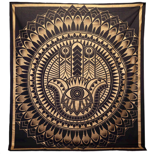 Double cotton bedspread and wall hanging featuring a large Hamsa hand design in striking black and gold colours.