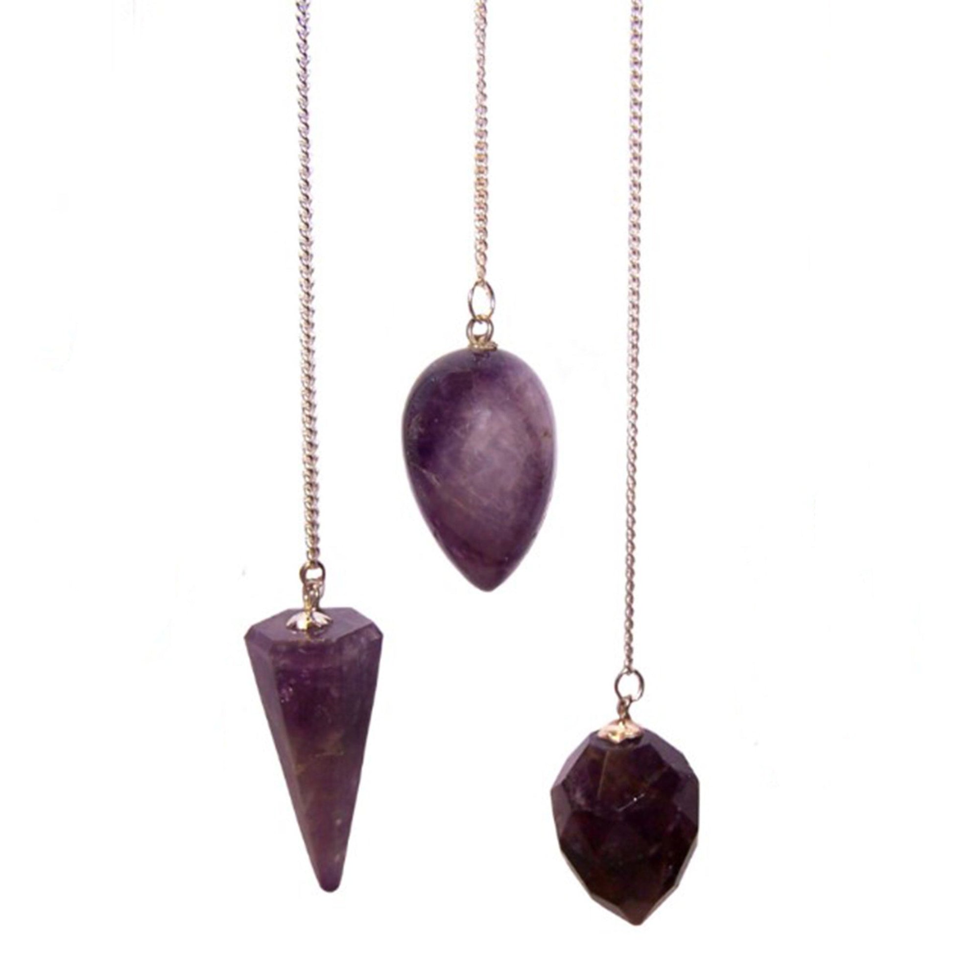 Pointed amethyst gemstone pendulum attached to a delicate silver-coloured chain for dowsing and spiritual work.