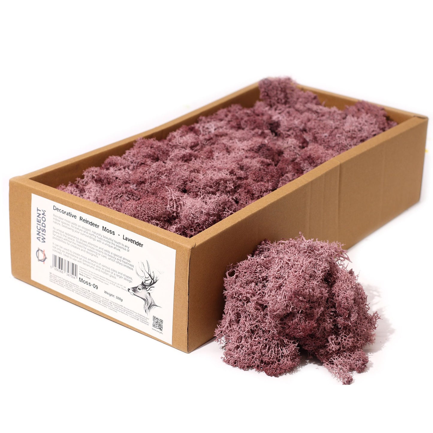 High-quality decorative reindeer moss in a soft lavender purple hue for crafts and interior styling.