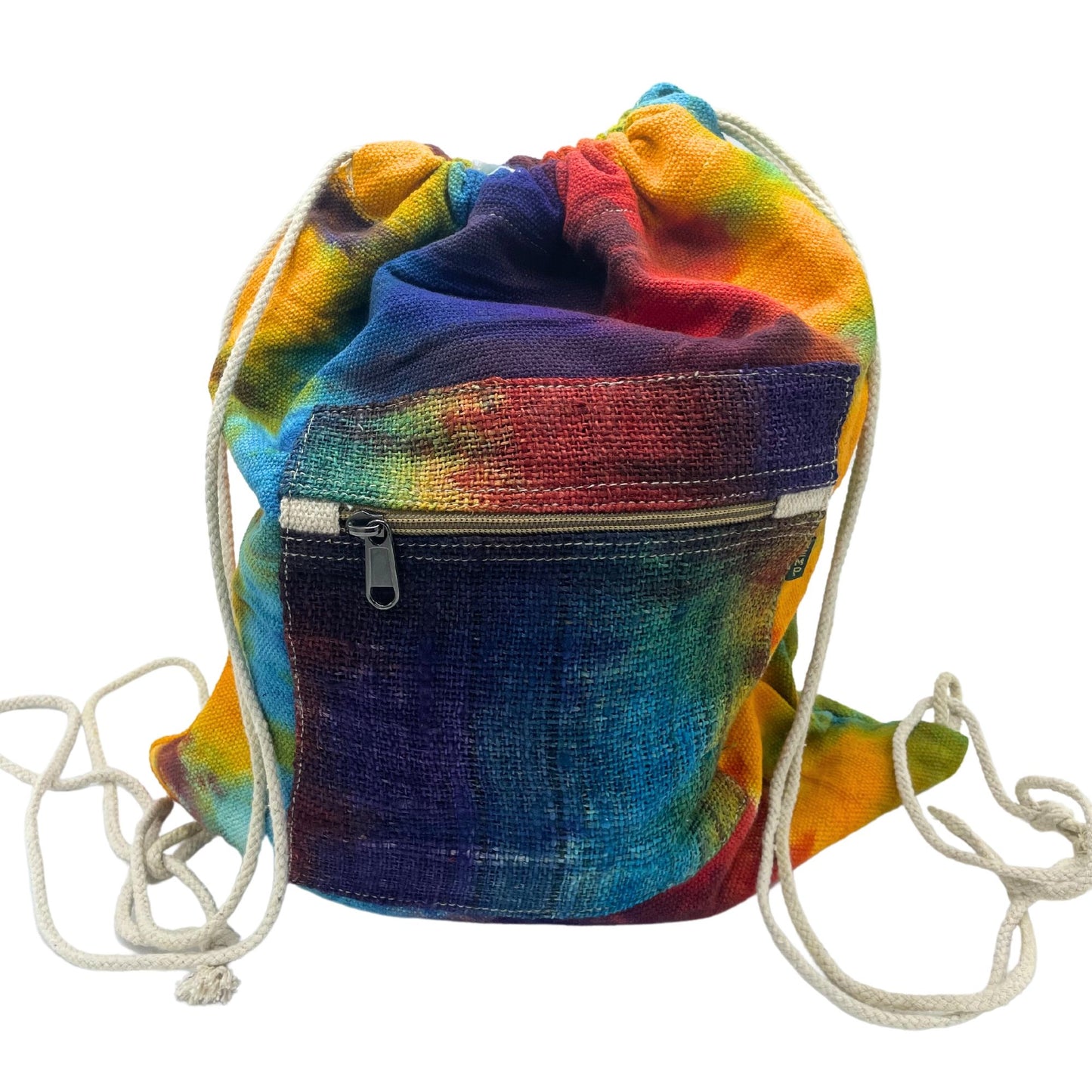 Vibrant multicoloured tiedye hemp string bag with a natural woven texture and durable handles.