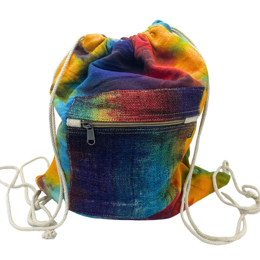 Vibrant multicoloured tiedye hemp string bag with a natural woven texture and durable handles.