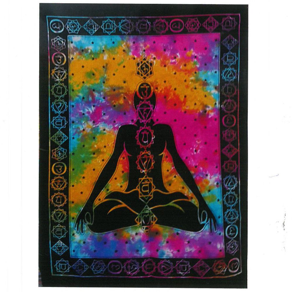 Vibrant cotton wall hanging featuring a Chakra Buddha design with intricate symbols and bold black and multi-coloured tones.