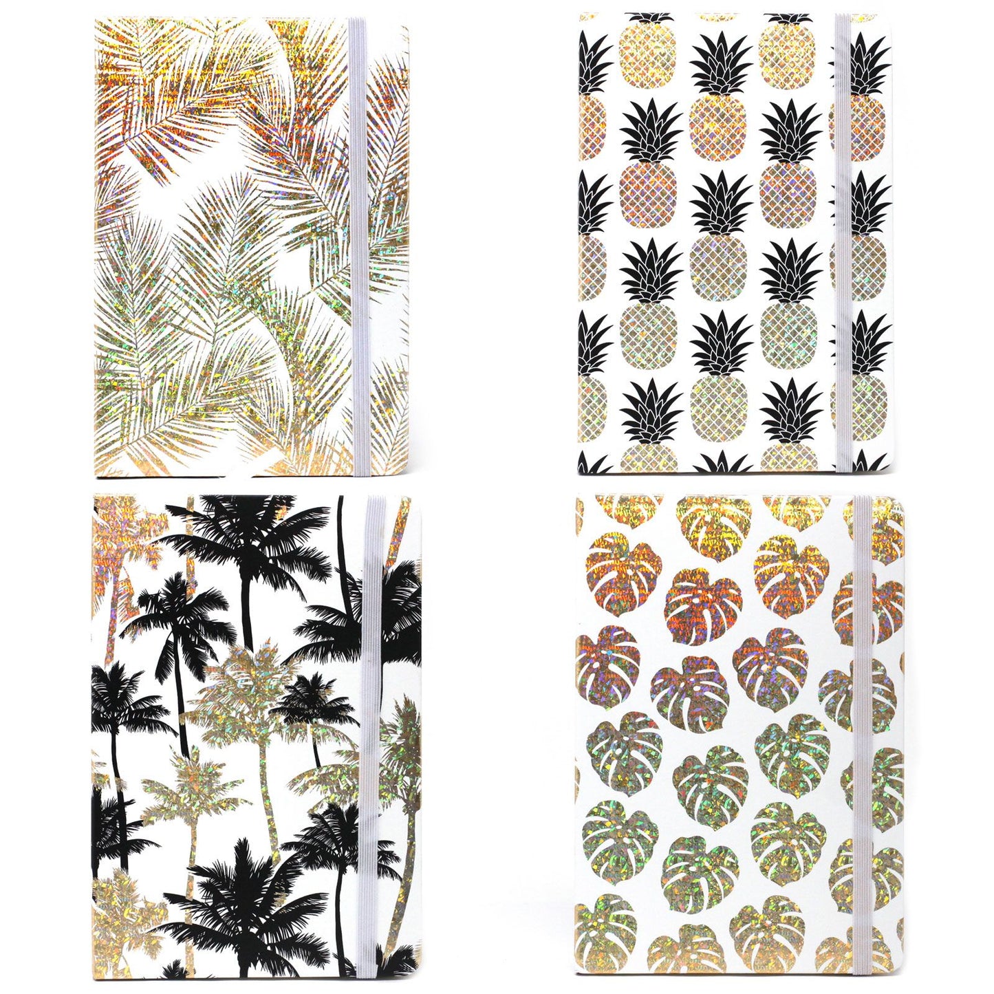 Stylish A5 notebook featuring a vibrant golden tropical leaf pattern on a dark background.