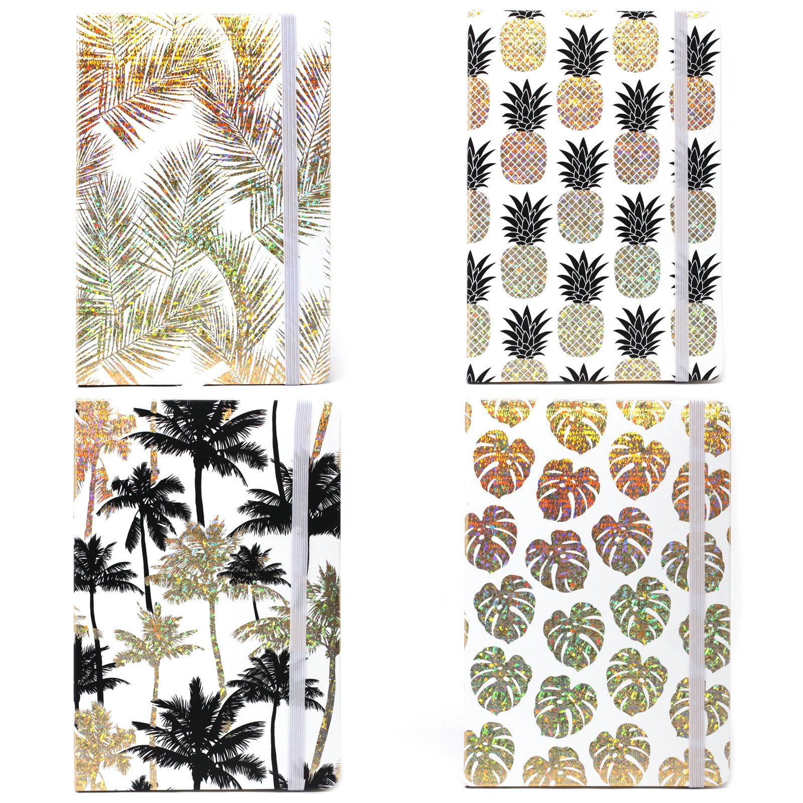 Stylish A5 notebook featuring a vibrant golden tropical leaf pattern on a dark background.
