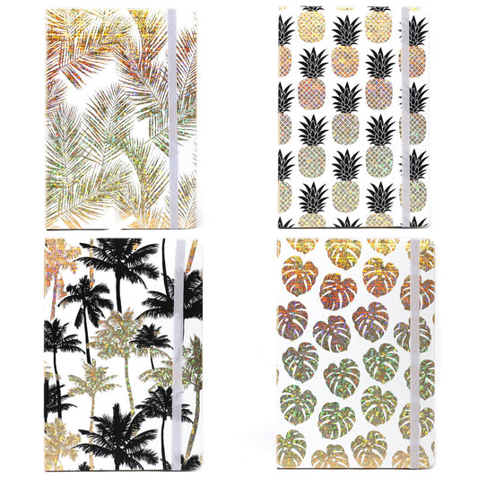 Stylish A5 notebook featuring a vibrant golden tropical leaf pattern on a dark background.