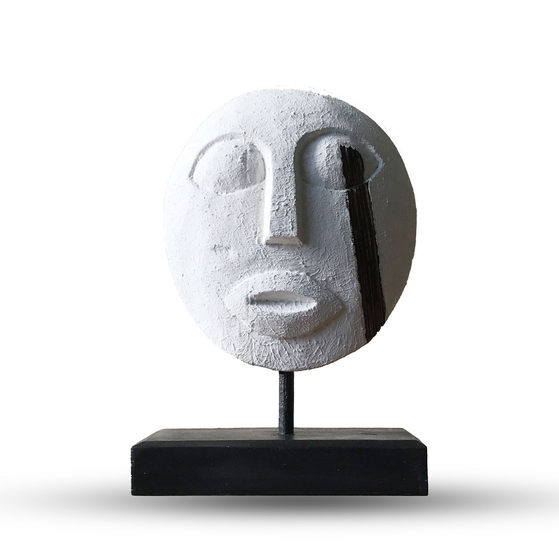 Handcarved white wooden Timor tribal mask with intricate details and a contemporary neutral finish.