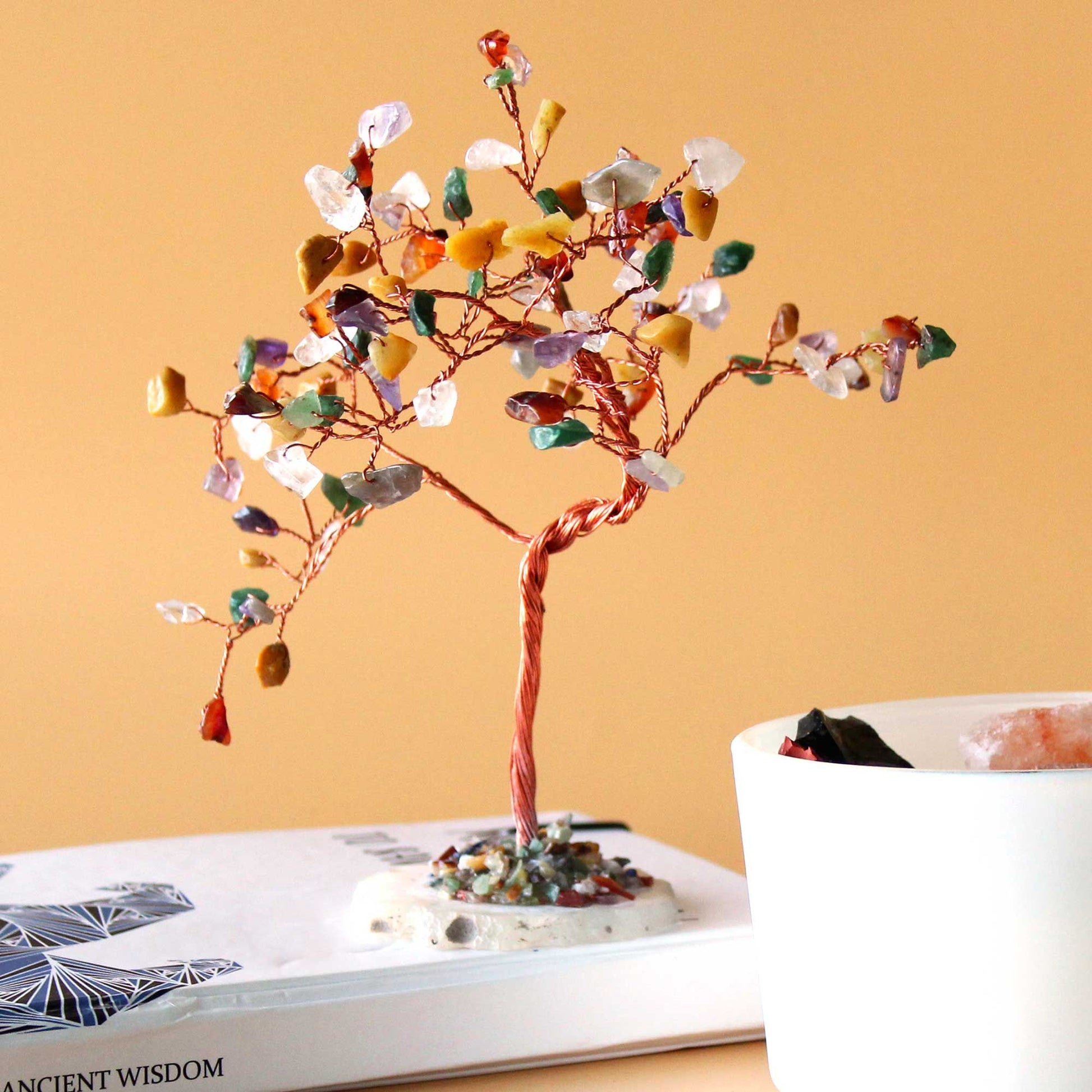 Large decorative gemstone tree with 100 multi-coloured crystal chips on a natural polished agate slice base.