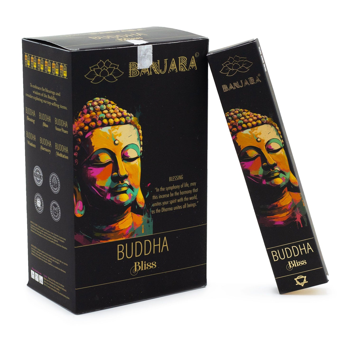 Hand-rolled incense sticks in a decorative box featuring a colourful Buddha motif.