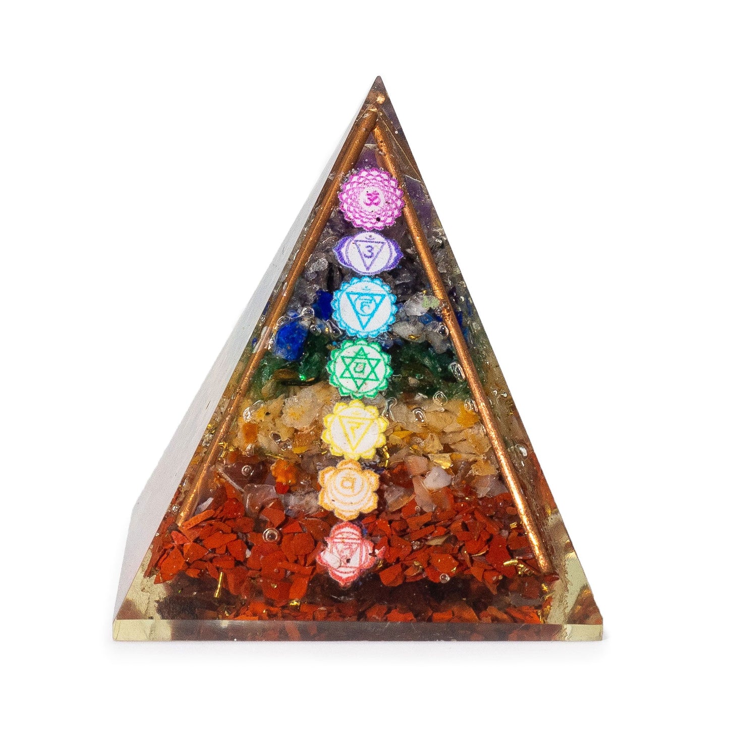 Clear resin orgonite pyramid containing seven layers of colourful chakra crystal chips and vertical copper bars.